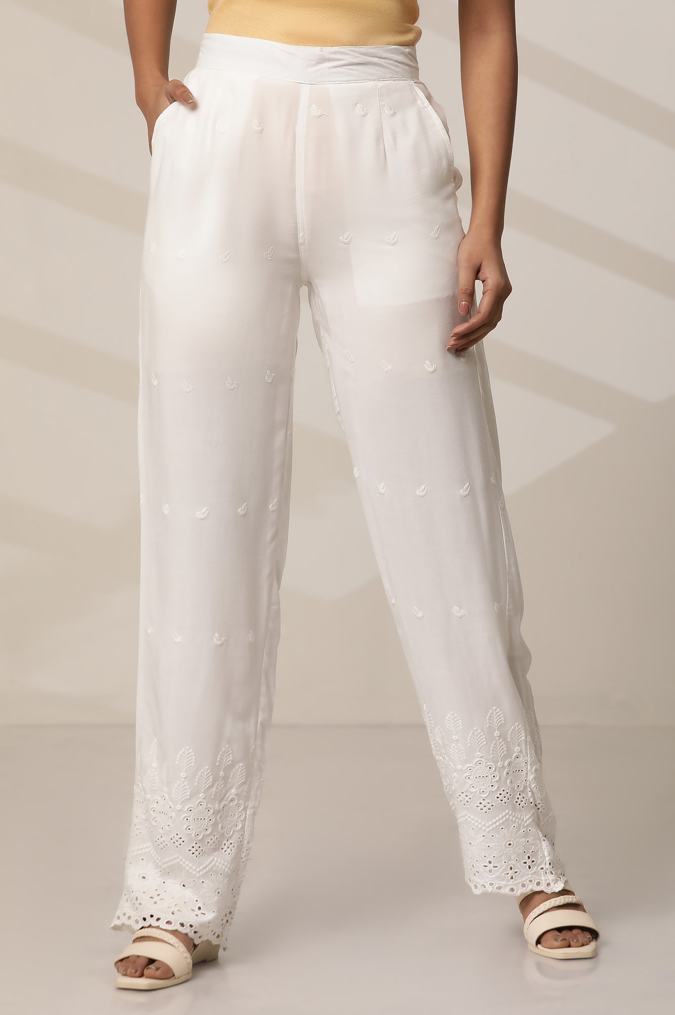 White Rayon Schiffli Narrow Palazzo