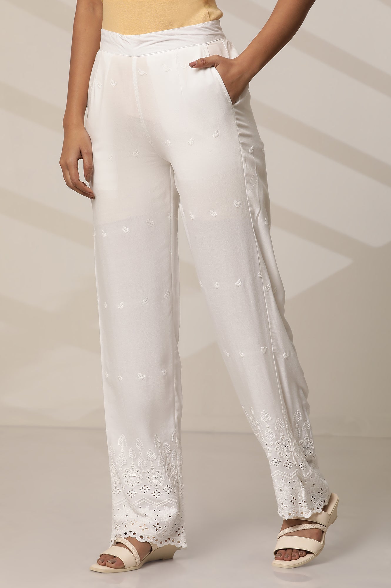 White Rayon Schiffli Narrow Palazzo