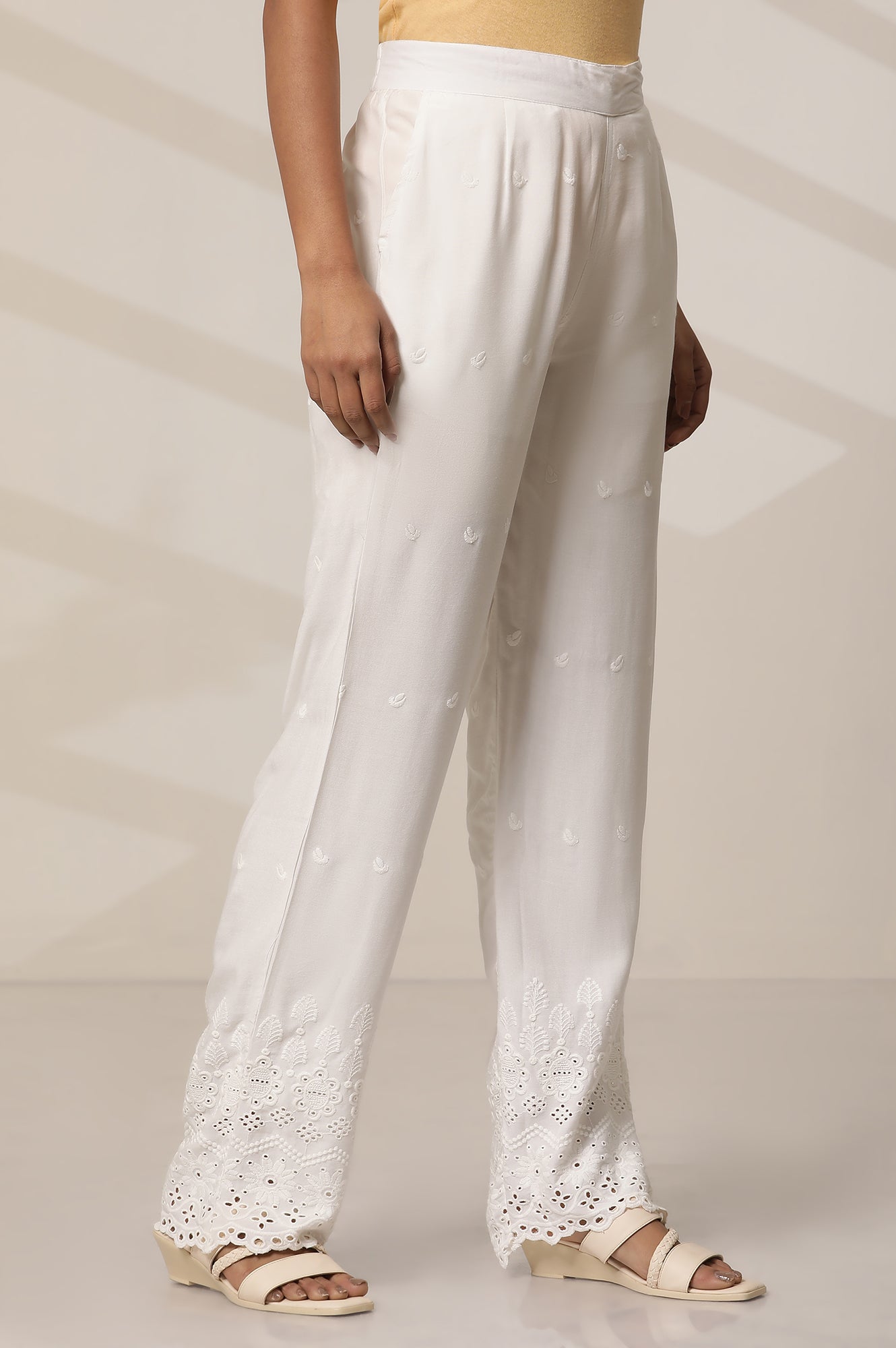 White Rayon Schiffli Narrow Palazzo