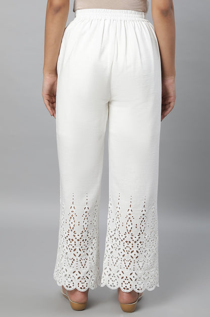 White Rayon Flax Schiffli Palazzo Pants