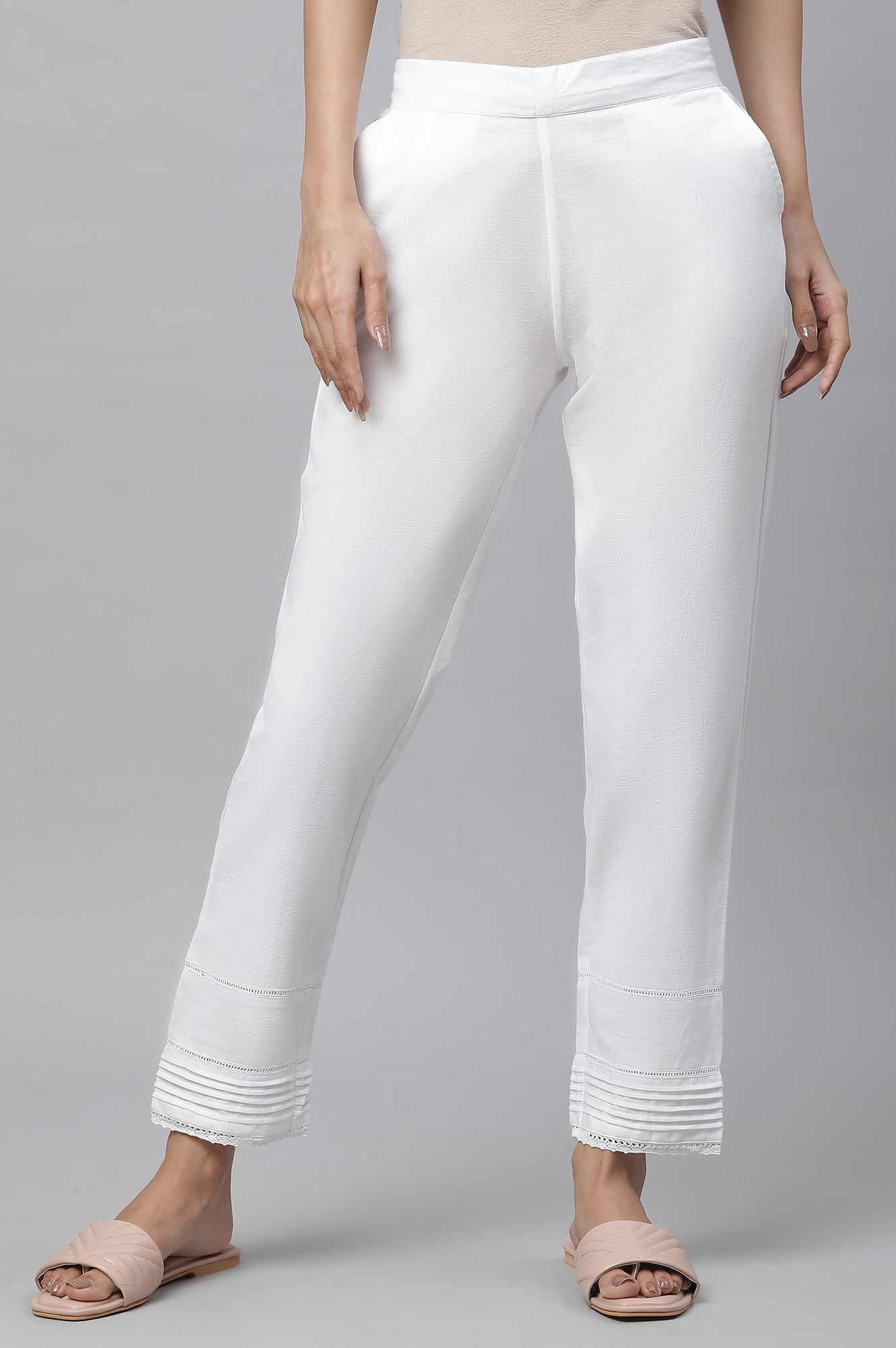 White Lace Inserted Pintuck Trousers