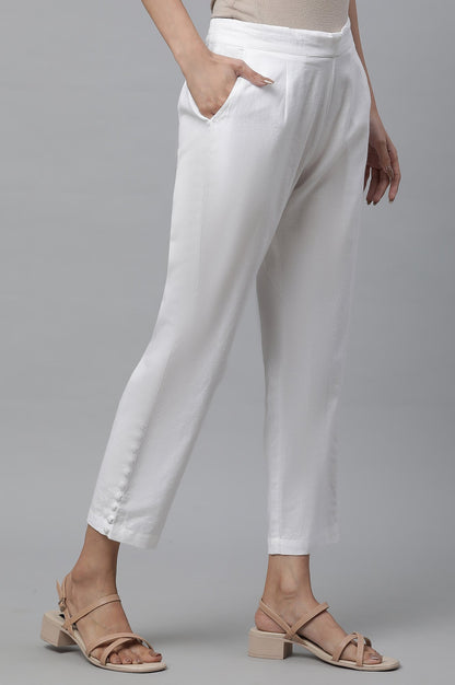 White Narrow Trousers with Buttons on Hemline