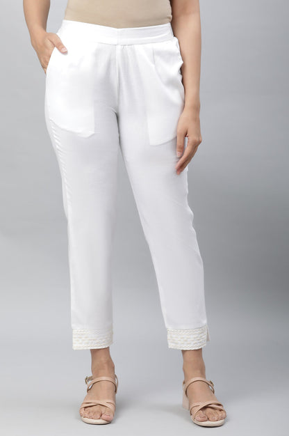 White Basic Trouser with Embroidered Hemline