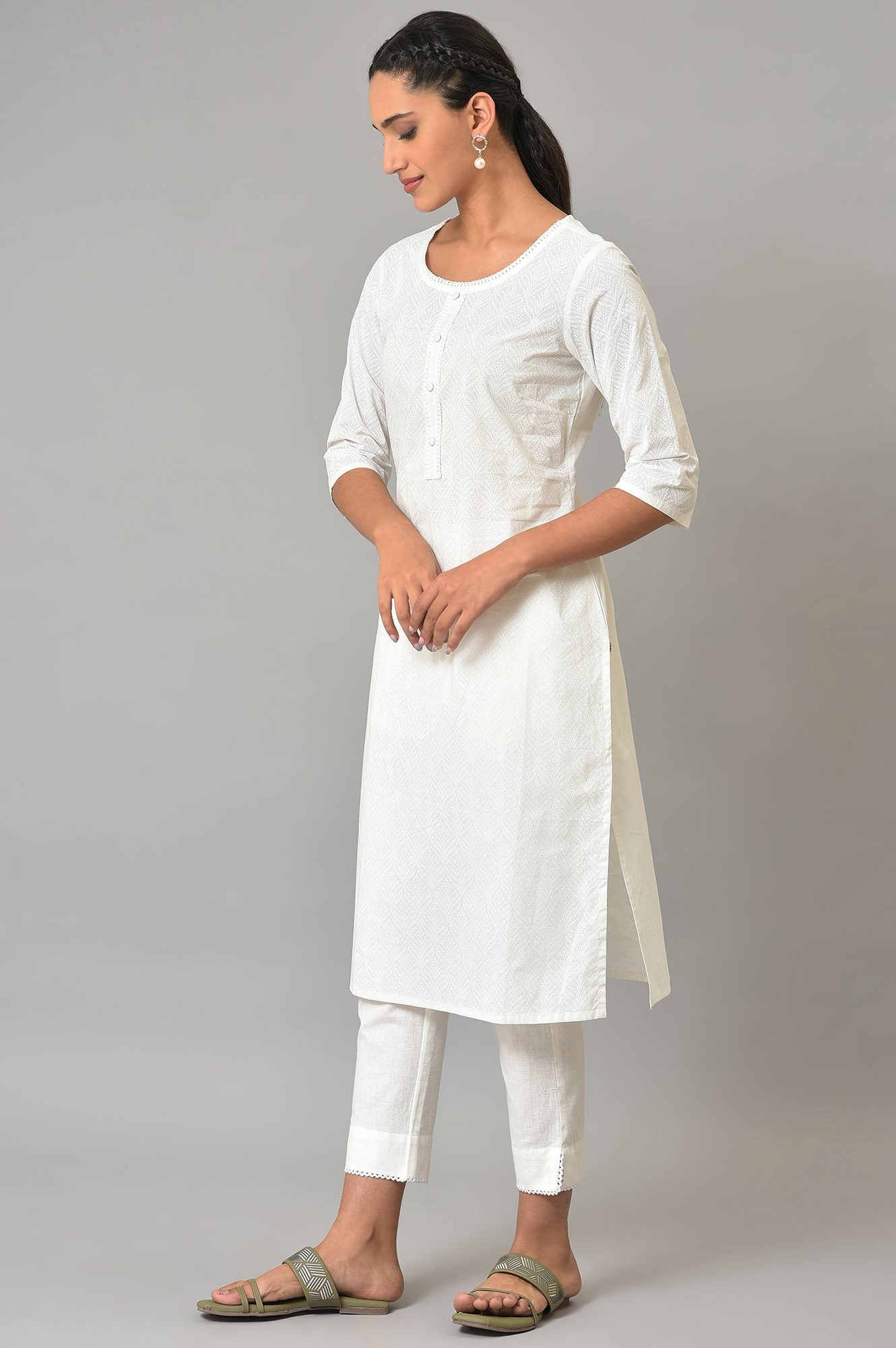 White Printed Cotton kurta