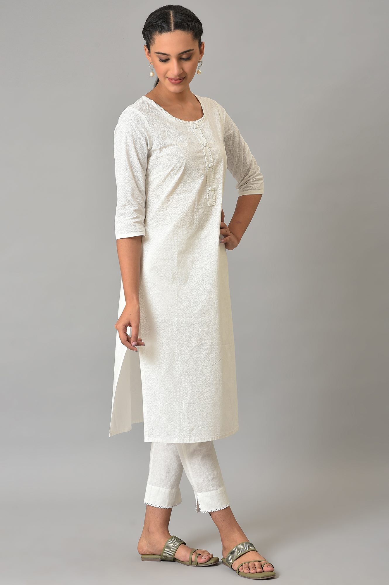 White Printed Cotton kurta