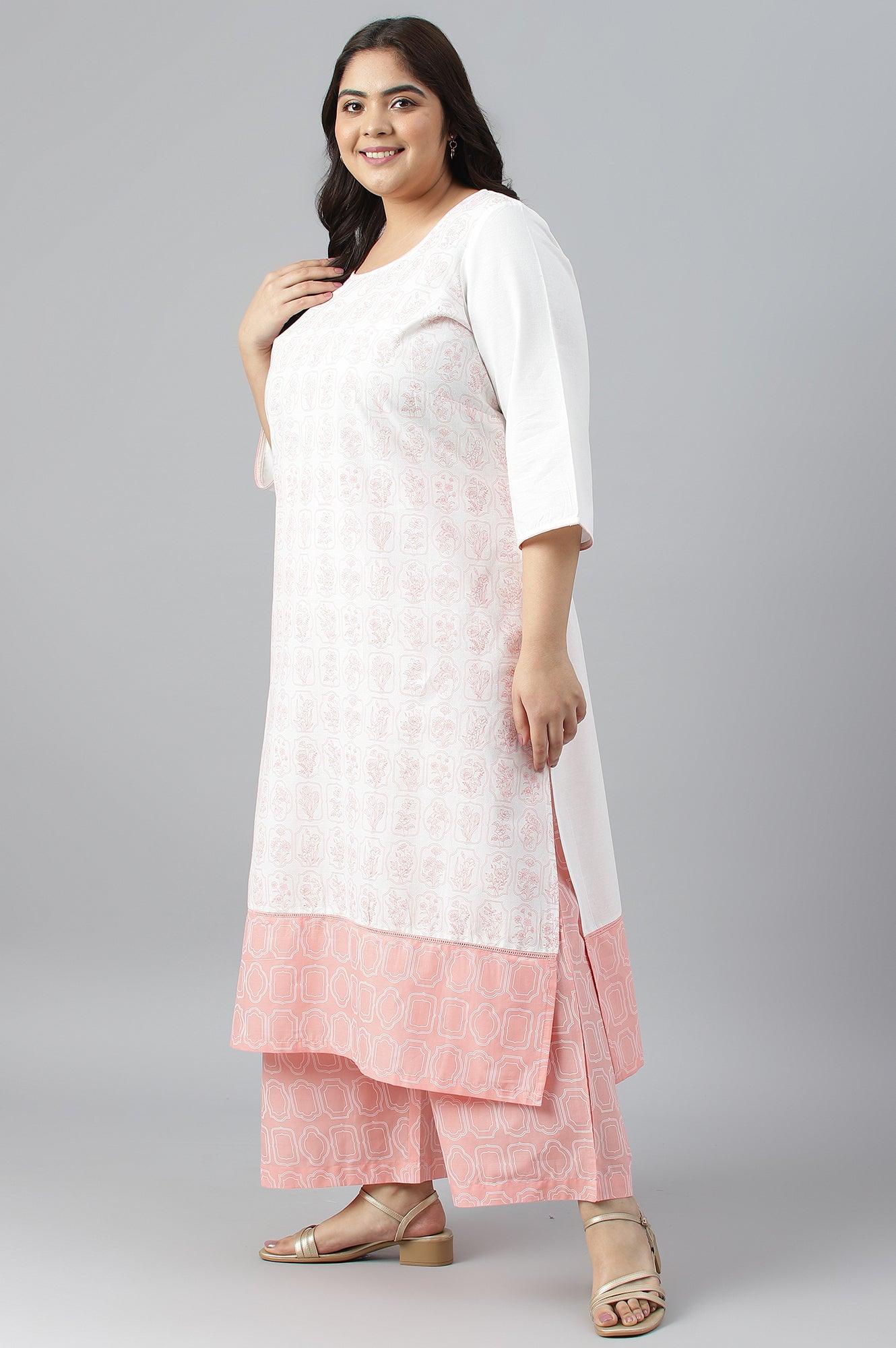 Plus Size Off-White Floral Printed kurta With Coral Palazzo - wforwoman