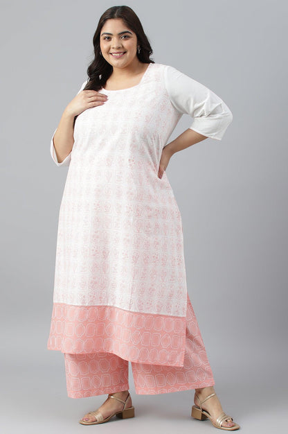 Plus Size Off-White Floral Printed kurta With Coral Palazzo - wforwoman