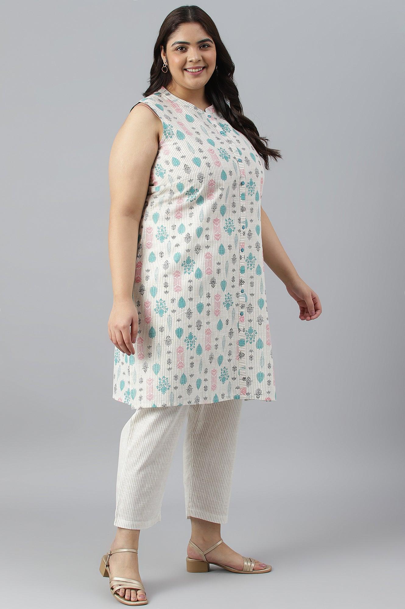 Plus Size Off-White Floral Printed kurta With Trousers - wforwoman