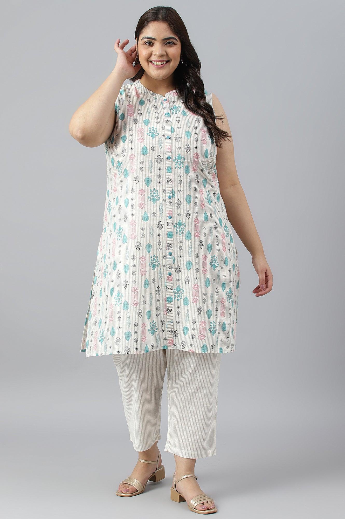 Plus Size Off-White Floral Printed kurta With Trousers - wforwoman