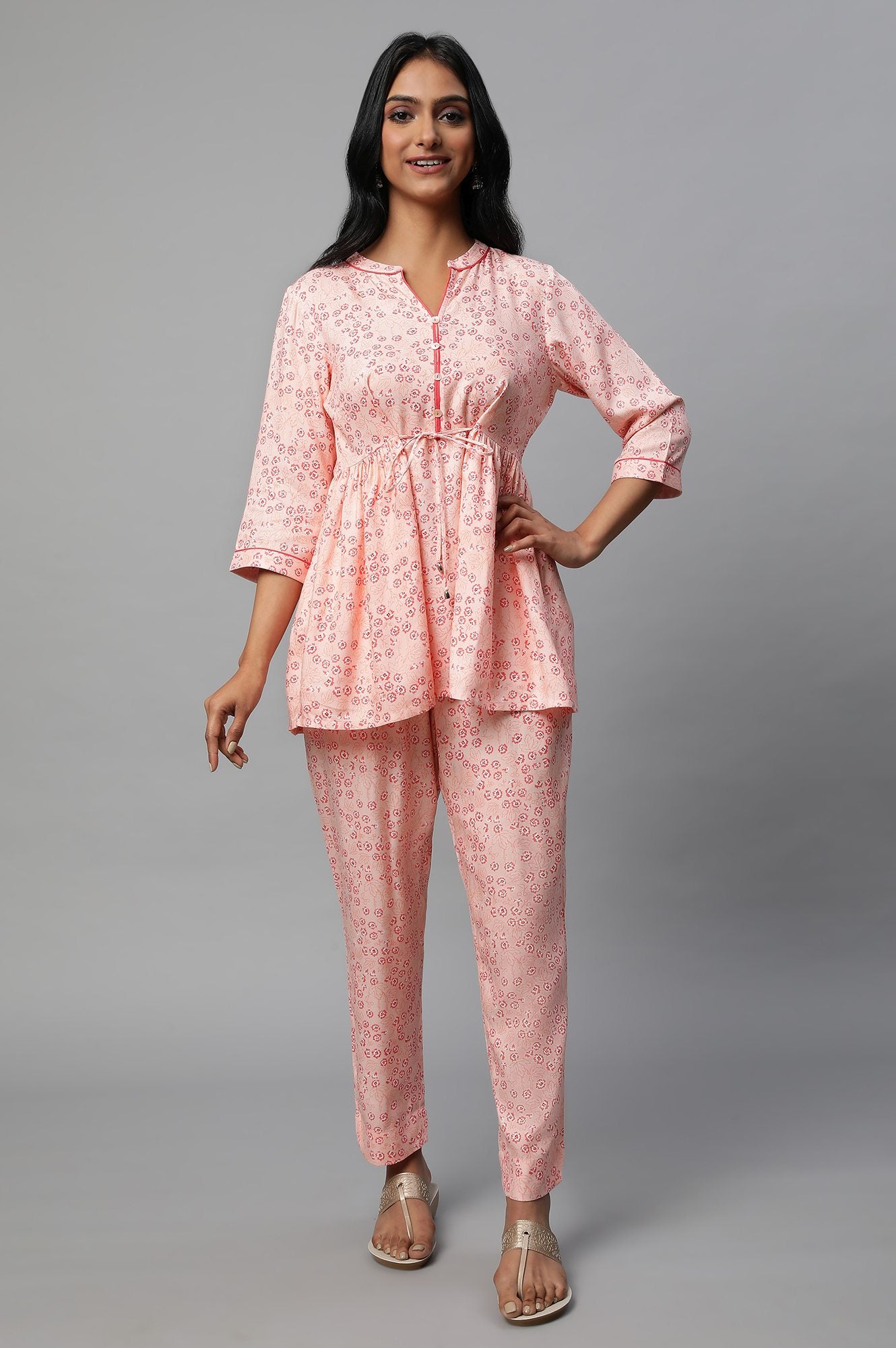 Pink Floral Printed A-Line Kurta With Embroidered Neck