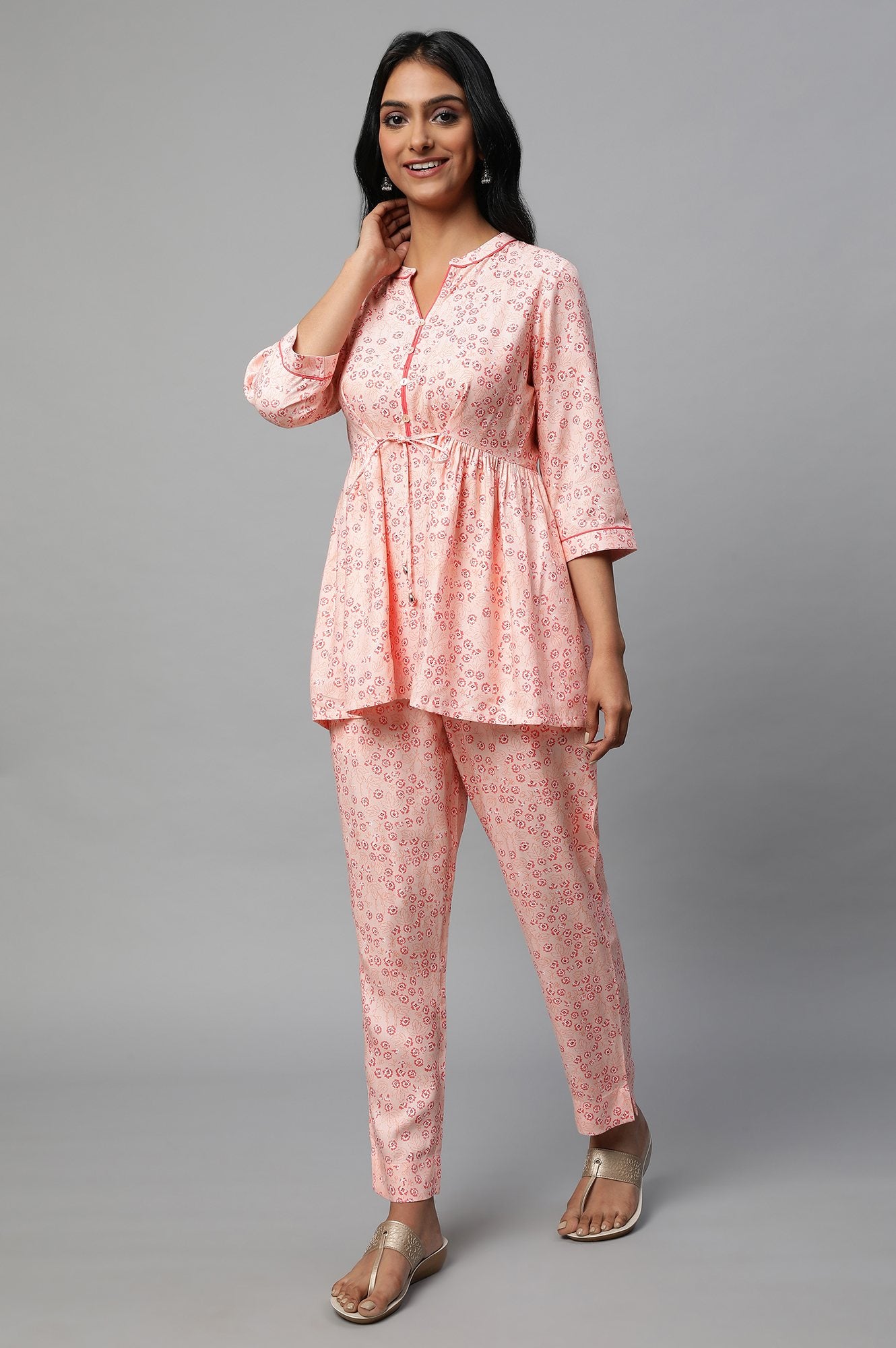 Pink Floral Printed A-Line Kurta With Embroidered Neck