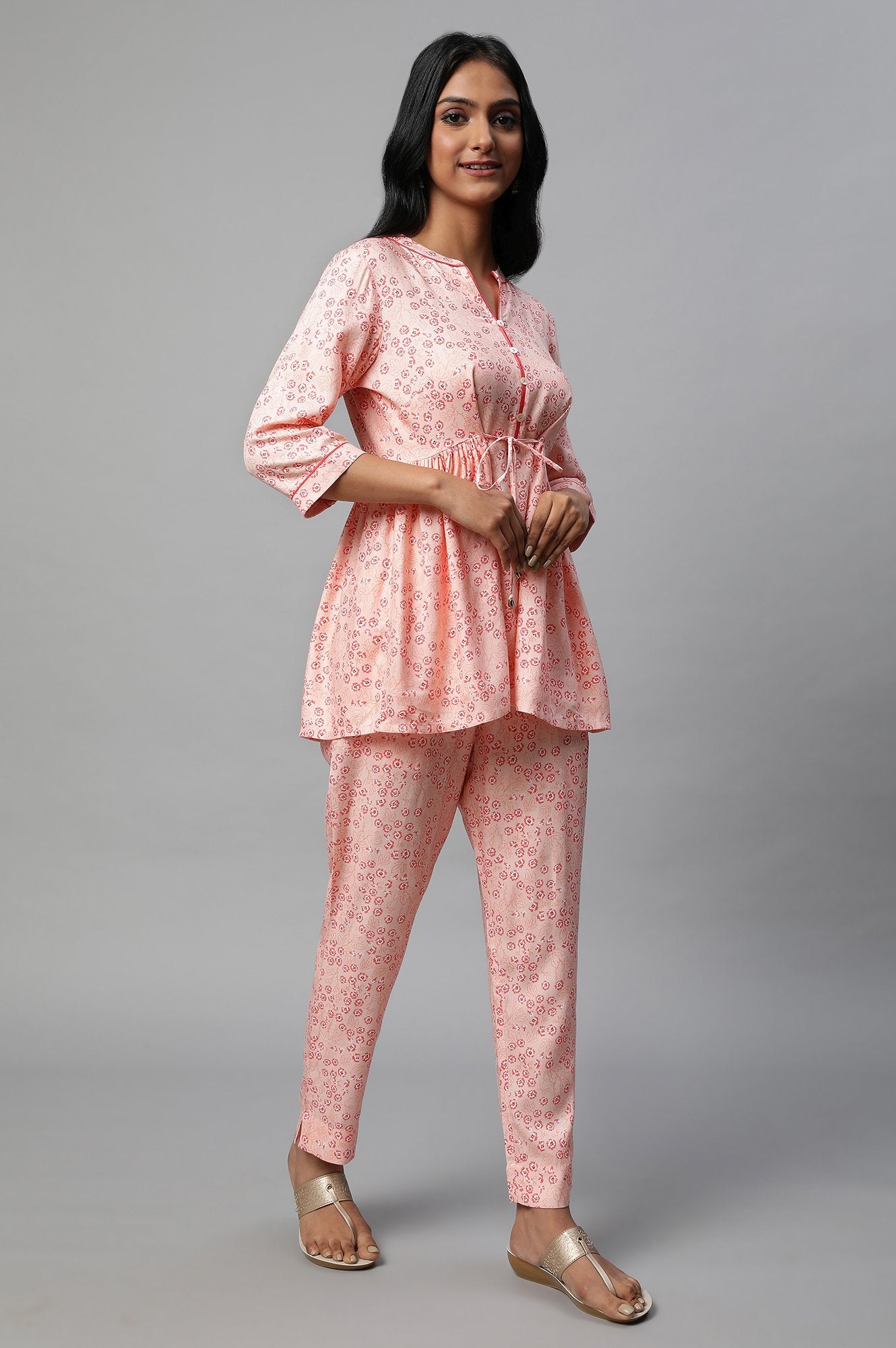 Pink Floral Printed A-Line Kurta With Embroidered Neck