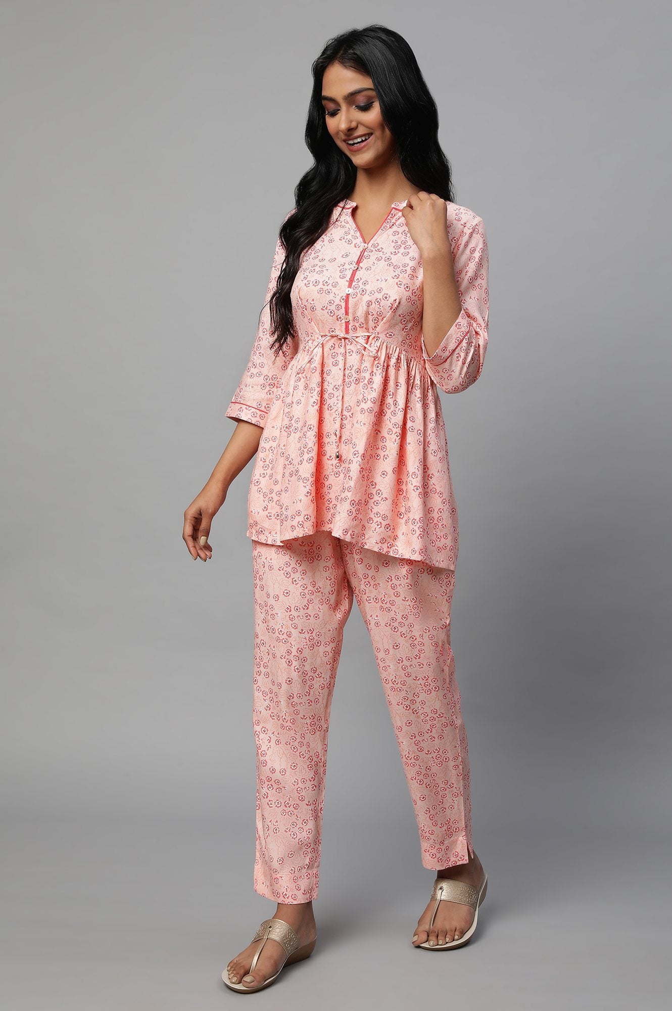 Pink Floral Printed A-Line Kurta With Embroidered Neck