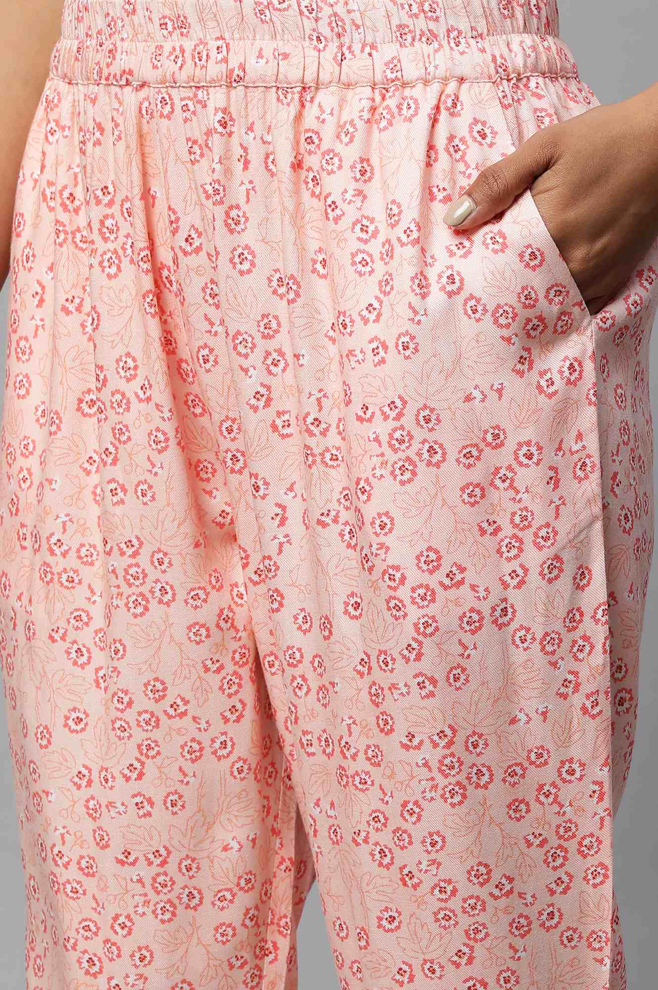 Pink Floral Printed A-Line Kurta With Embroidered Neck