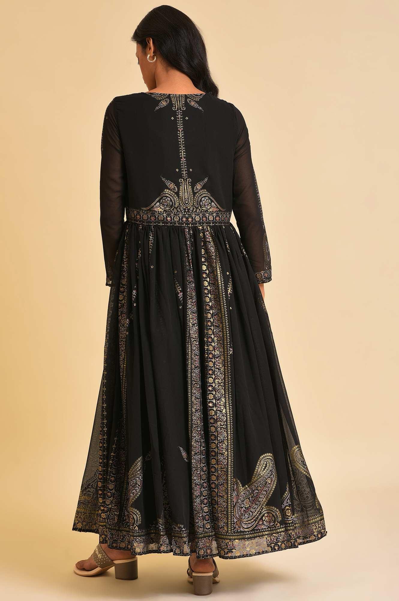 Black Foil Printed Victorian Dress - wforwoman