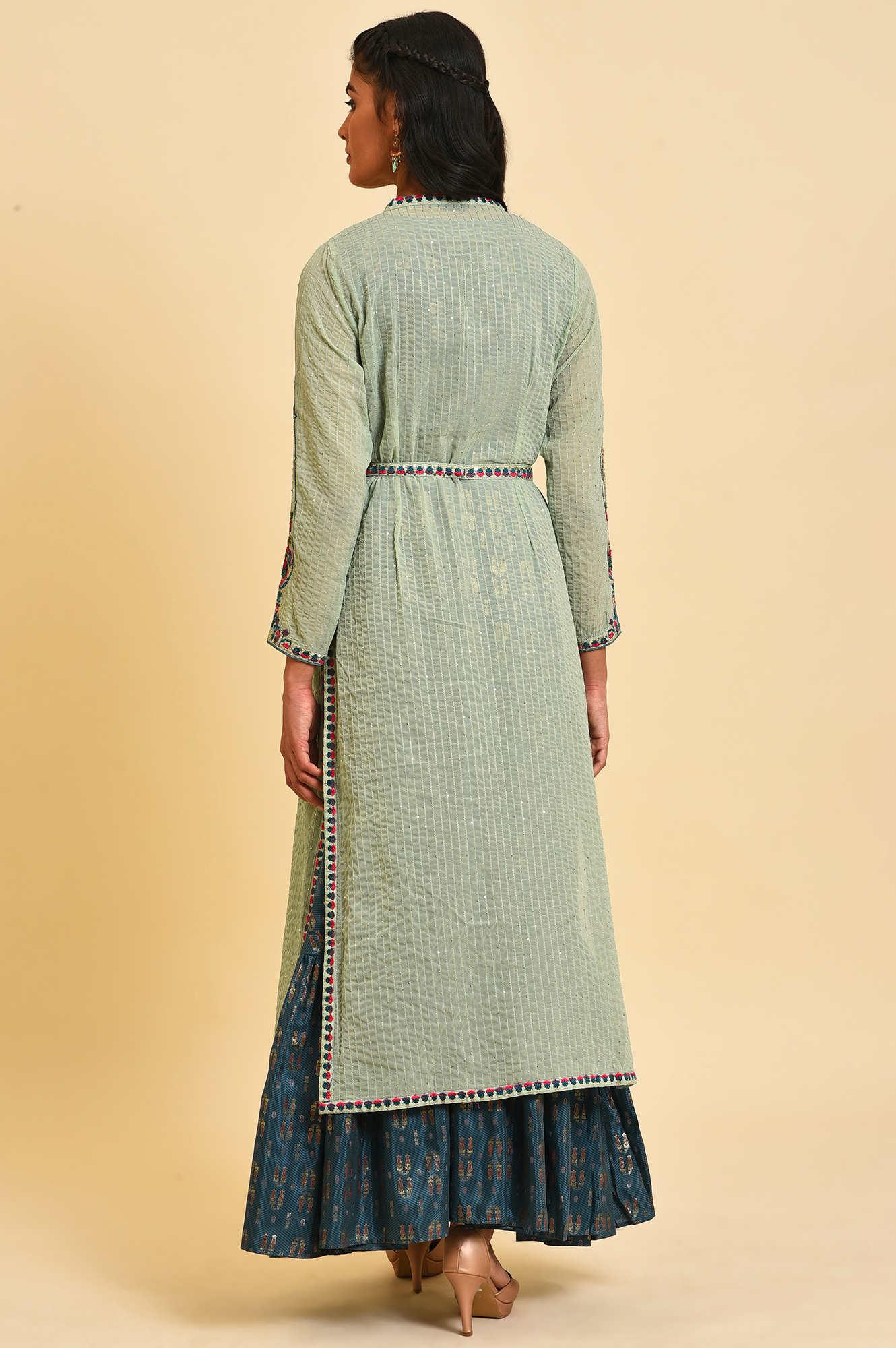 Green Embroidered Gillet &amp; Tiered Dress Set - wforwoman
