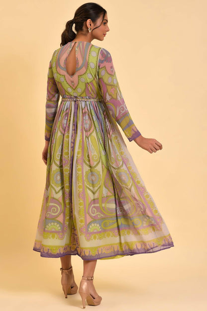 Multi-Coloured Printed Flared Dress With Belt - wforwoman
