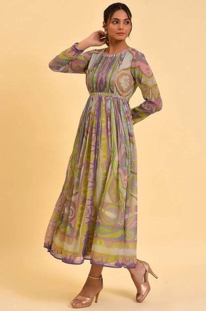 Multi-Coloured Printed Flared Dress With Belt - wforwoman