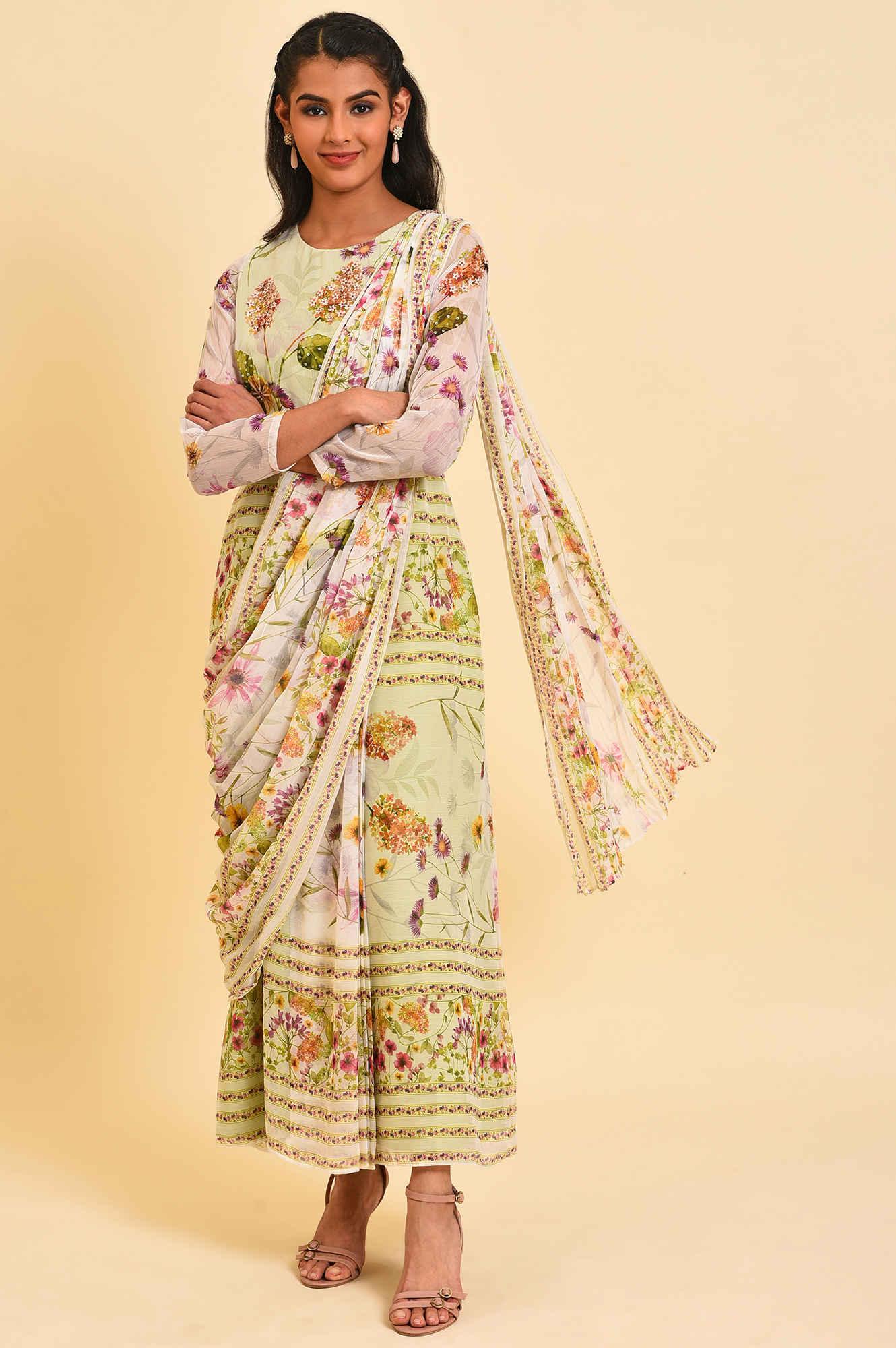 Ecru &amp; Light Green Floral Printed Predrape Saree Dress - wforwoman