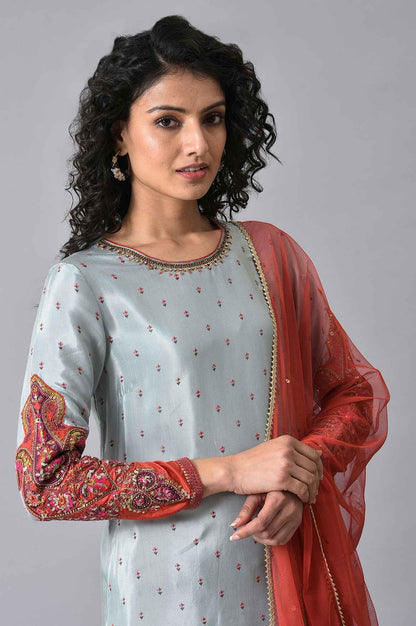 Blue &amp; Orange Embroidered kurta Sharara Set - wforwoman