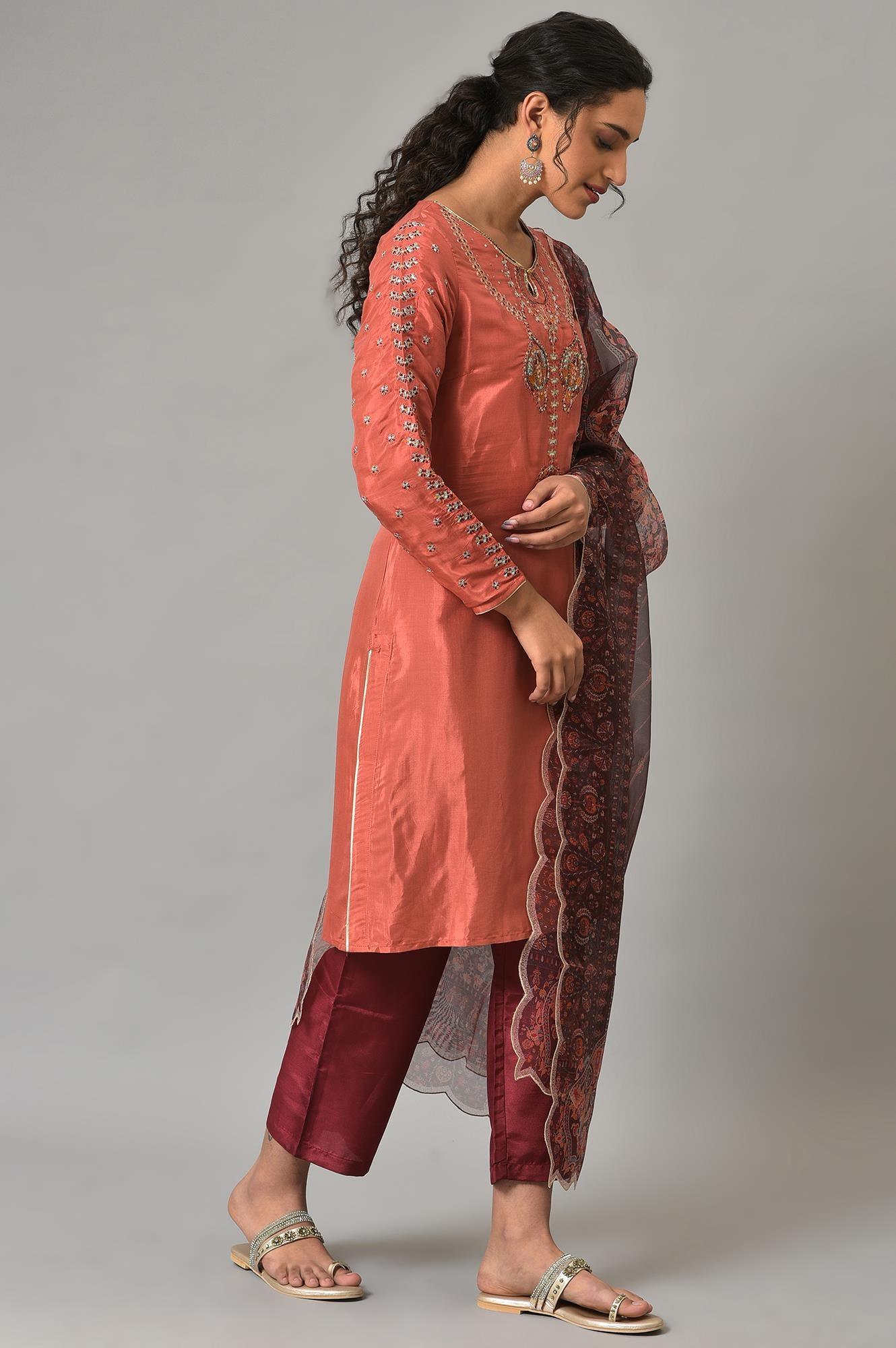 Coral Embroidered kurta With Dark Red Pants And Printed Dupatta - wforwoman