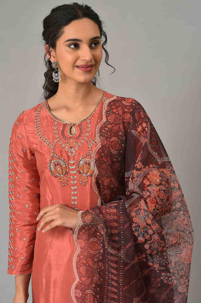 Coral Embroidered kurta With Dark Red Pants And Printed Dupatta - wforwoman