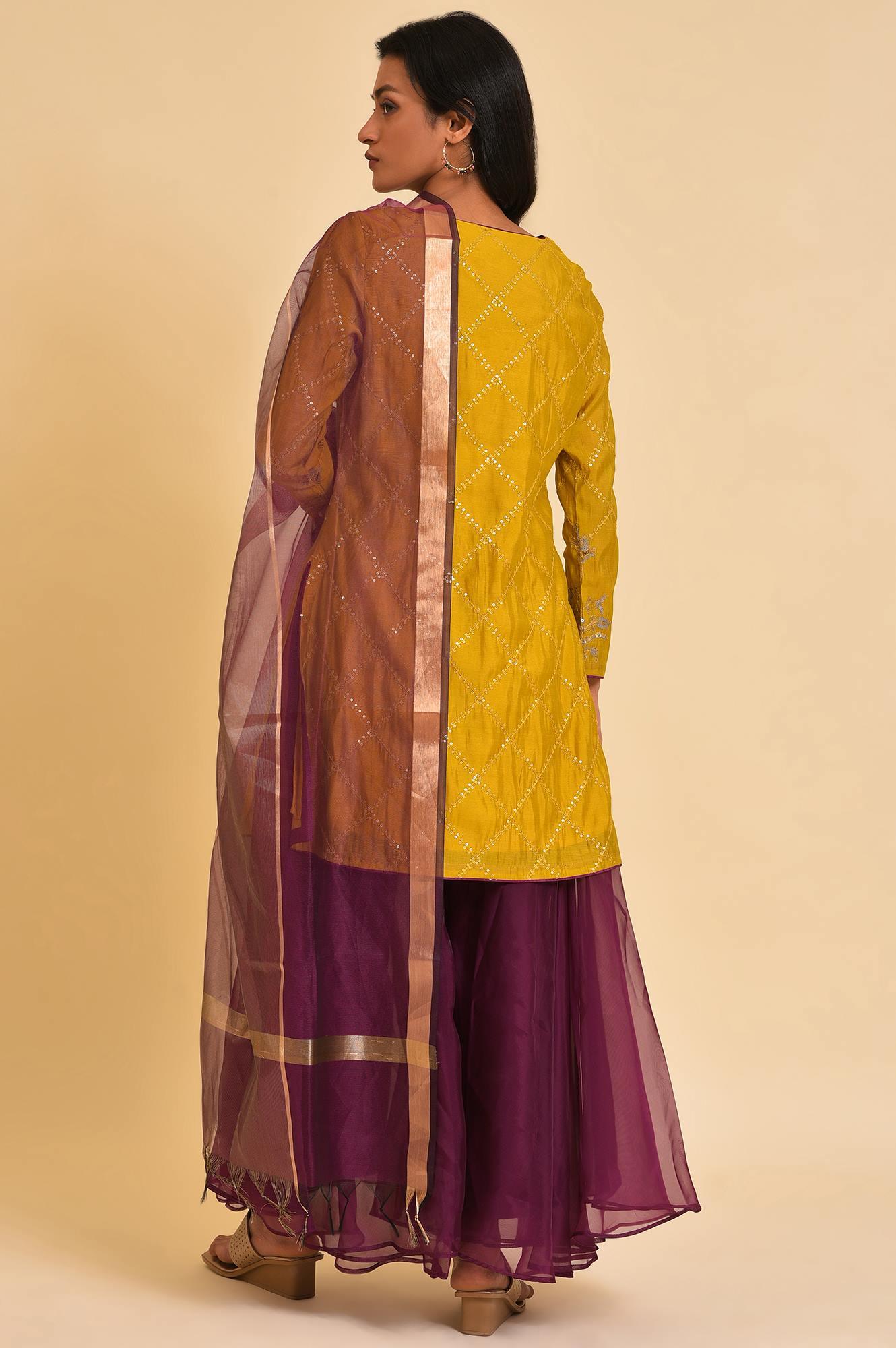 Yellow Embellished Short kurta, Culottes And Dupatta Set - wforwoman