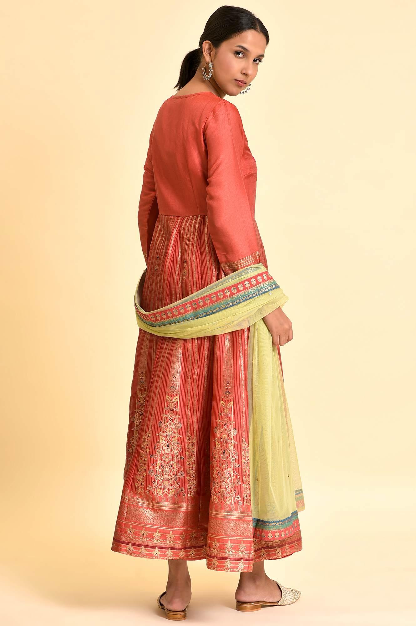 Orange Tamil Silk Embellished Dress &amp; Dupatta Set - wforwoman