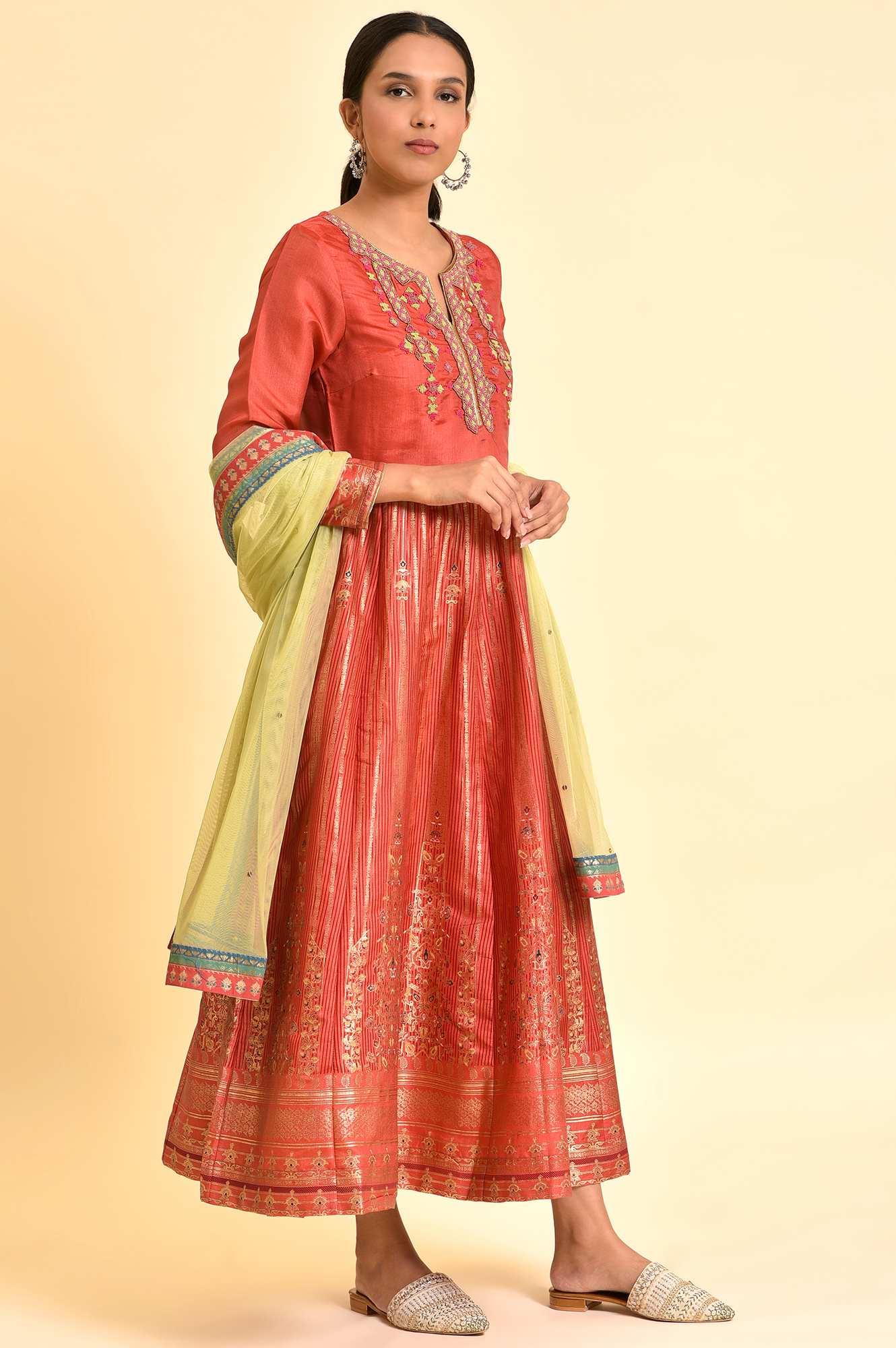 Orange Tamil Silk Embellished Dress &amp; Dupatta Set - wforwoman