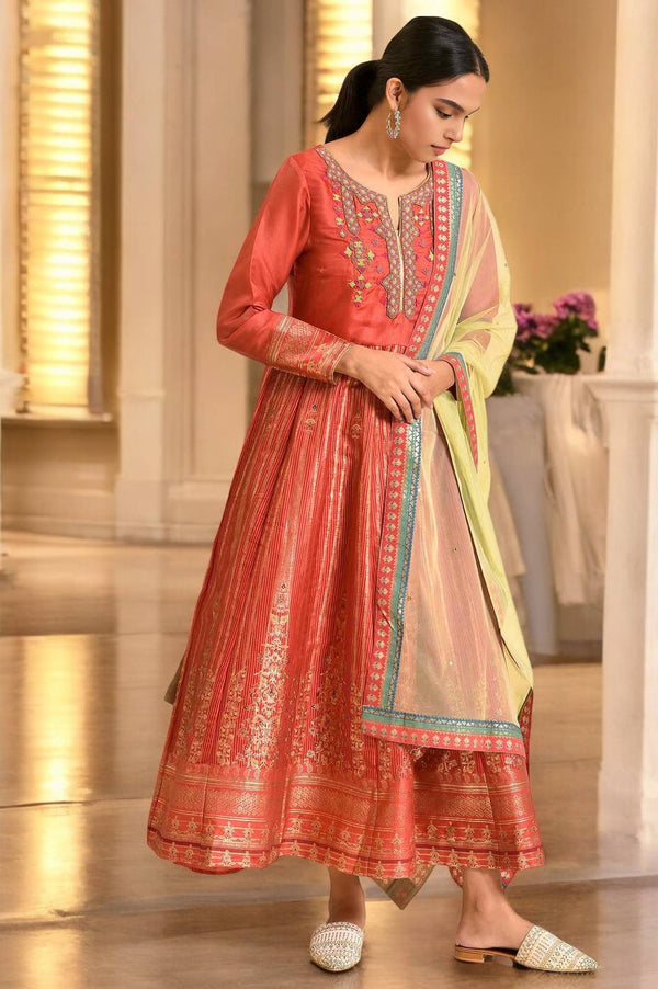 Orange Tamil Silk Embellished Dress & Dupatta Set