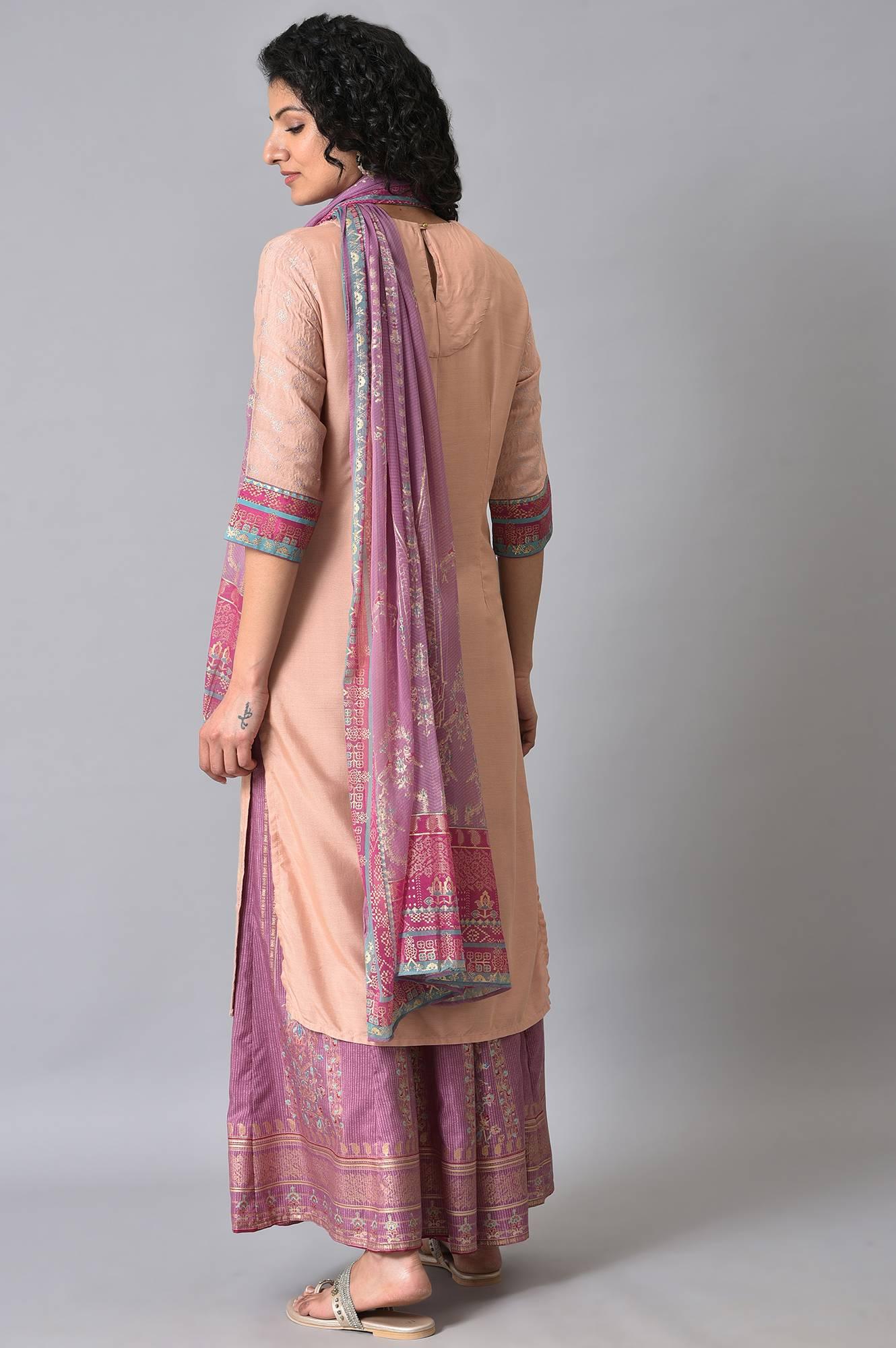 Peach Embroidered kurta With Sharara Set - wforwoman