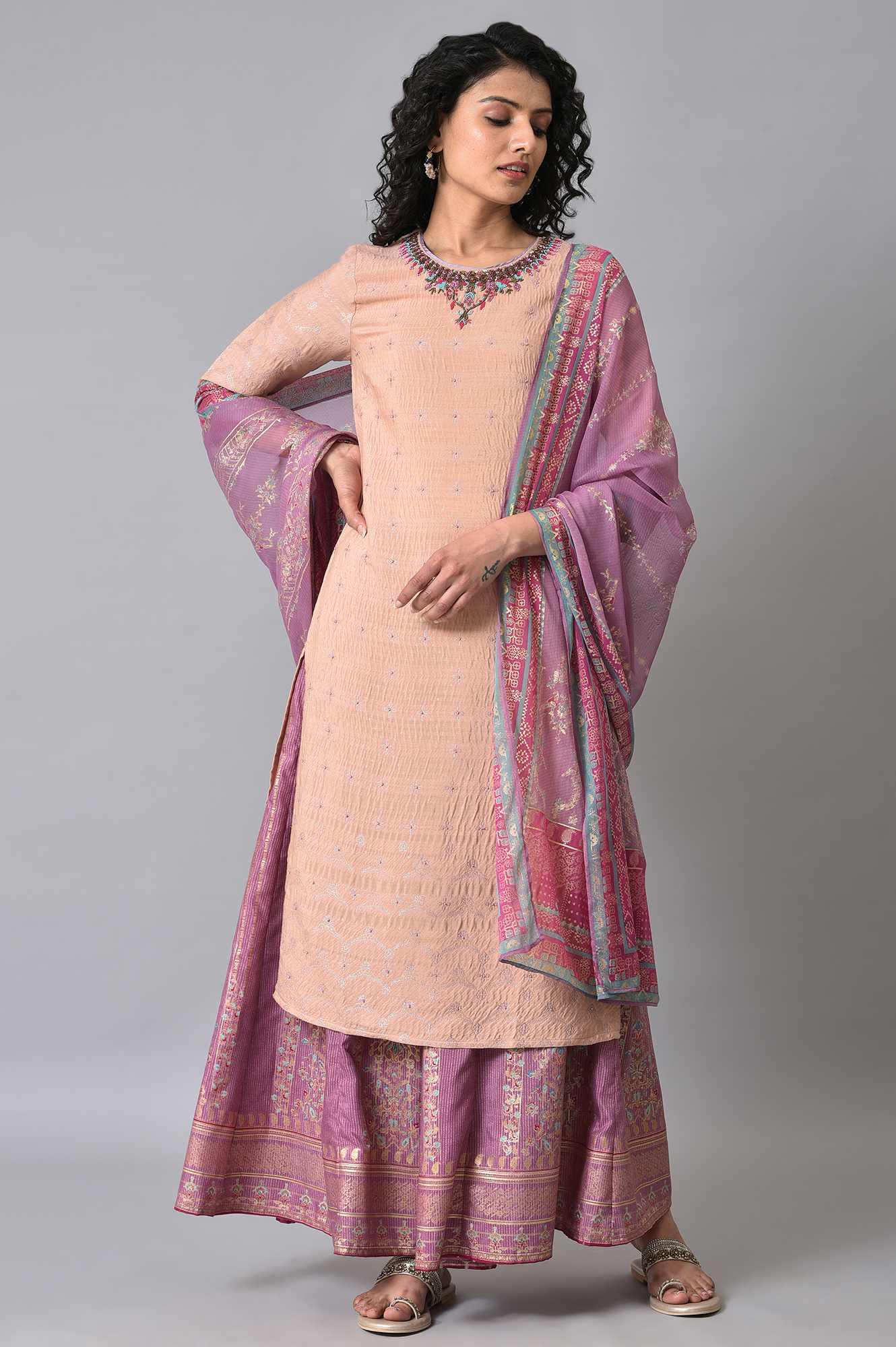 Peach Embroidered kurta With Sharara Set - wforwoman