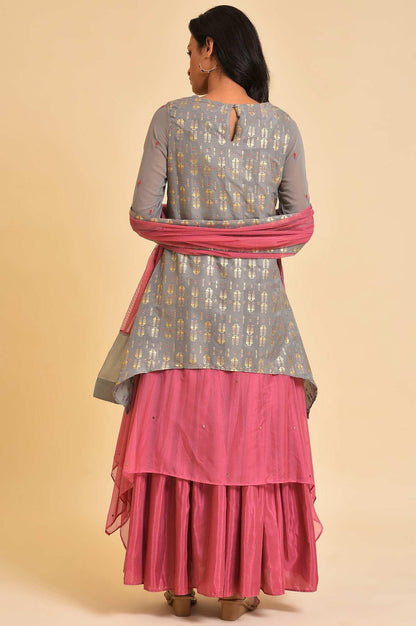 Grey And Pink Layered Asymmetric Dress &amp; Dupatta Set - wforwoman