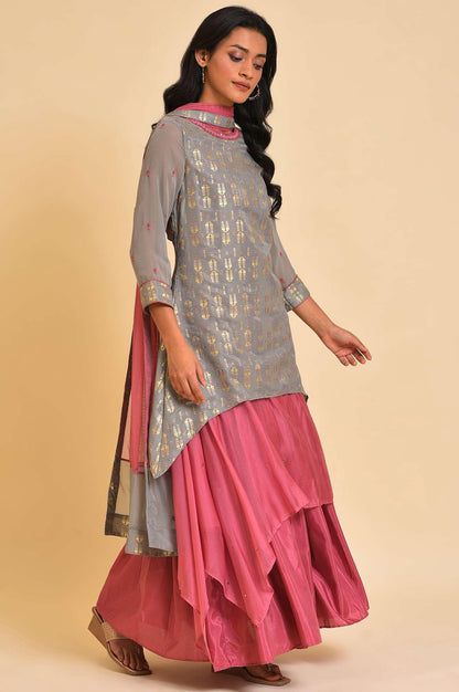 Grey And Pink Layered Asymmetric Dress &amp; Dupatta Set - wforwoman