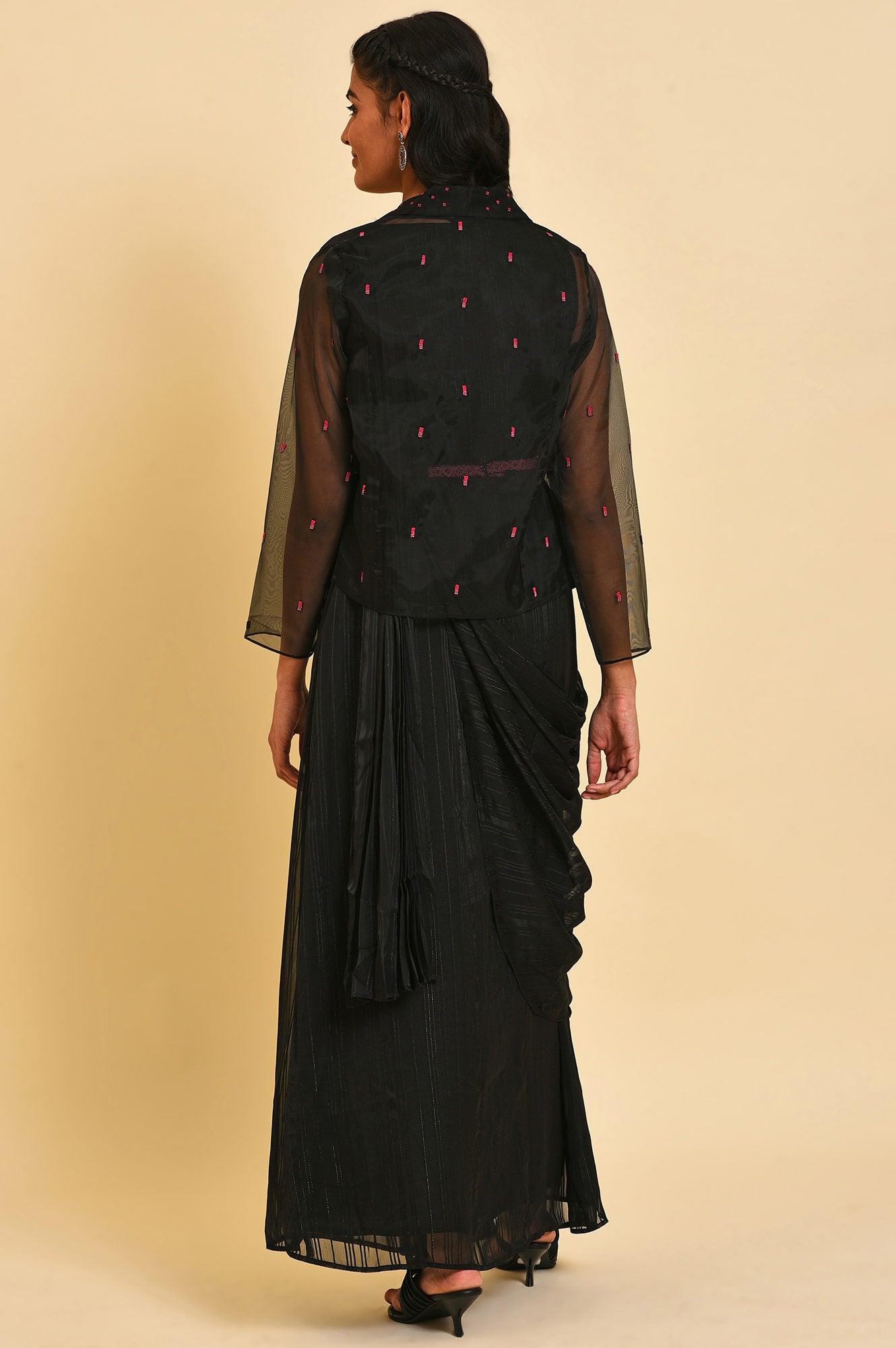 Black Festive Predrape Saree With Short Jacket - wforwoman