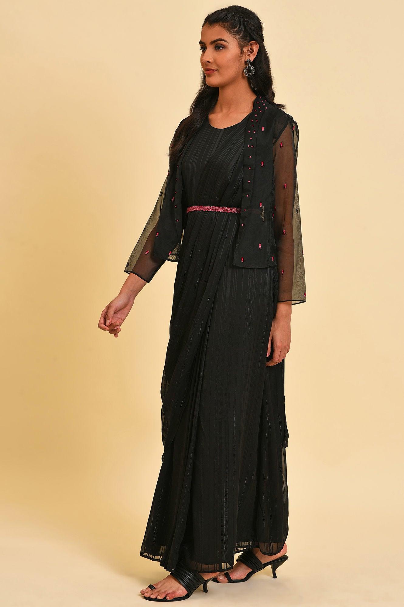 Black Festive Predrape Saree With Short Jacket - wforwoman