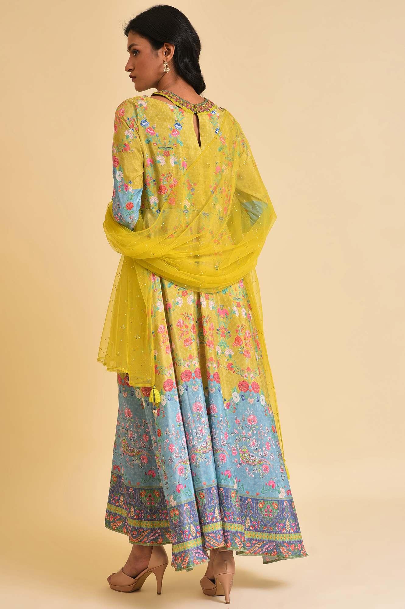 Lime Yellow Printed Long Dress &amp; Dupatta Set - wforwoman