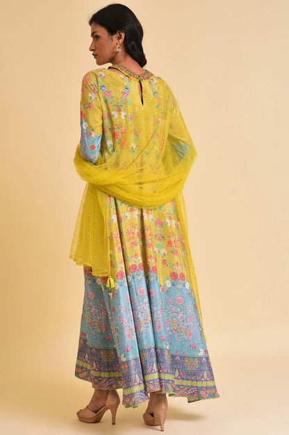 Lime Yellow Printed Long Dress &amp; Dupatta Set - wforwoman