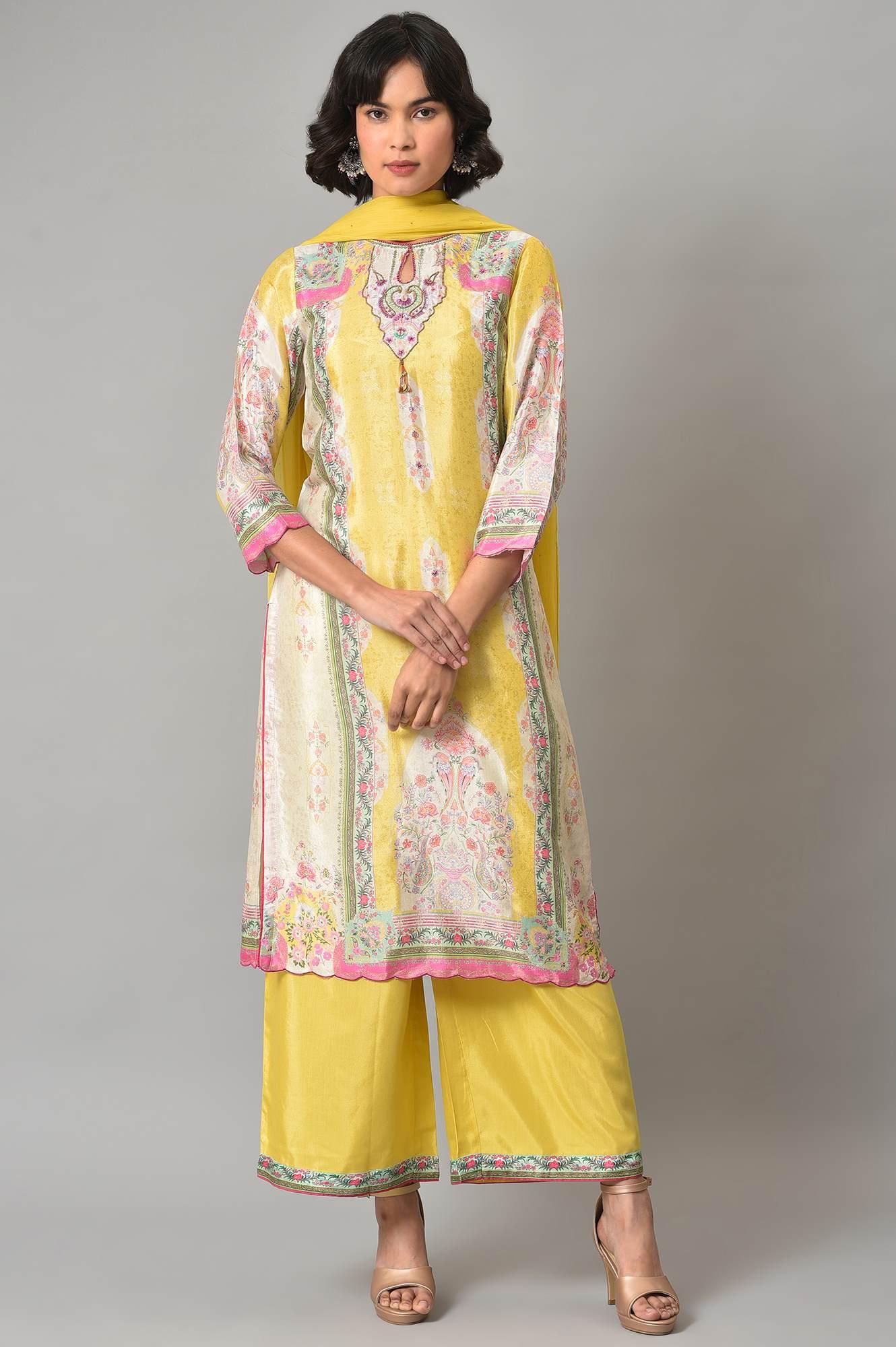 Light Yellow Printed kurta With Parallel Pants And Chiffon Dupatta - wforwoman
