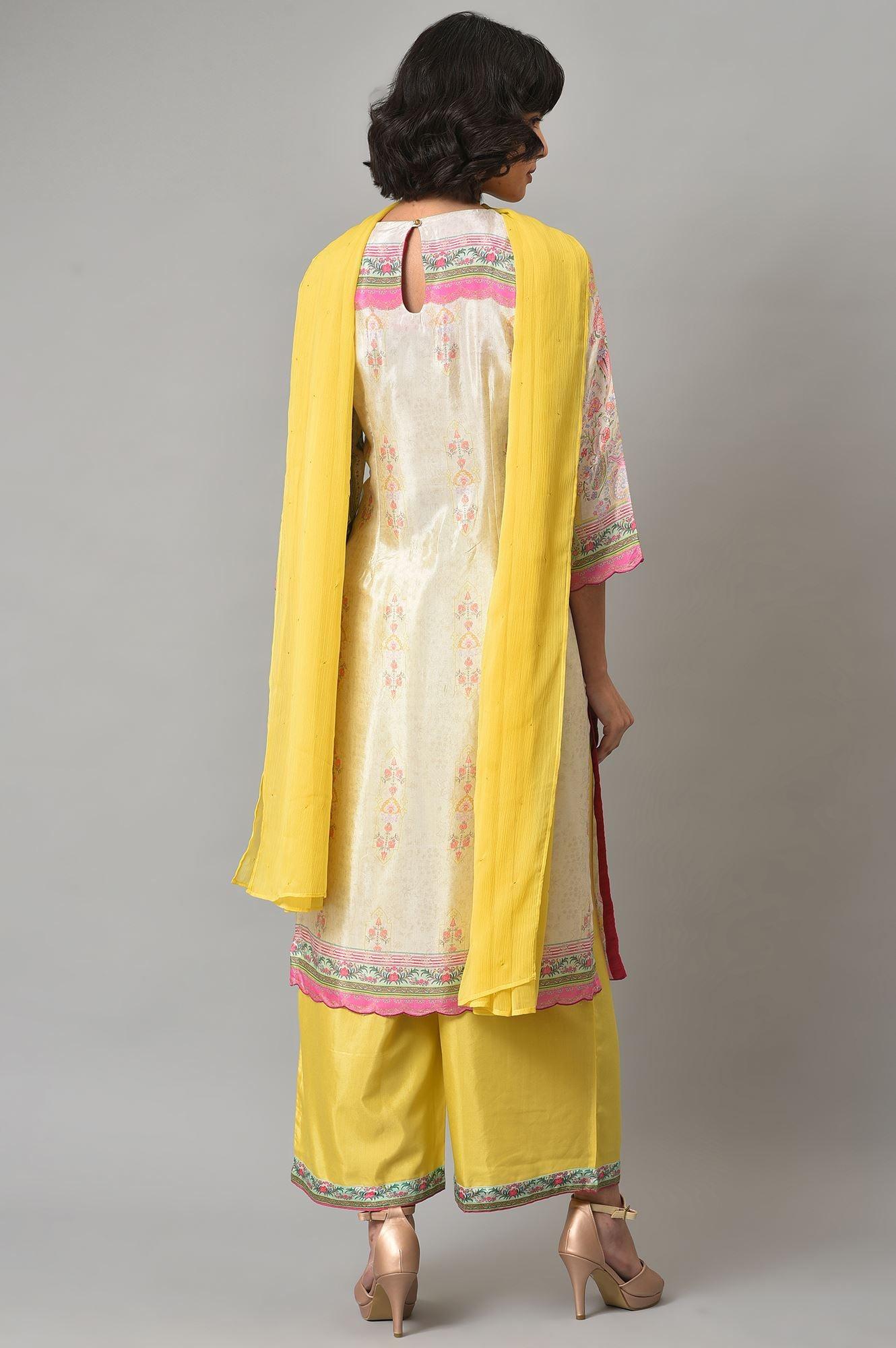 Light Yellow Printed kurta With Parallel Pants And Chiffon Dupatta - wforwoman