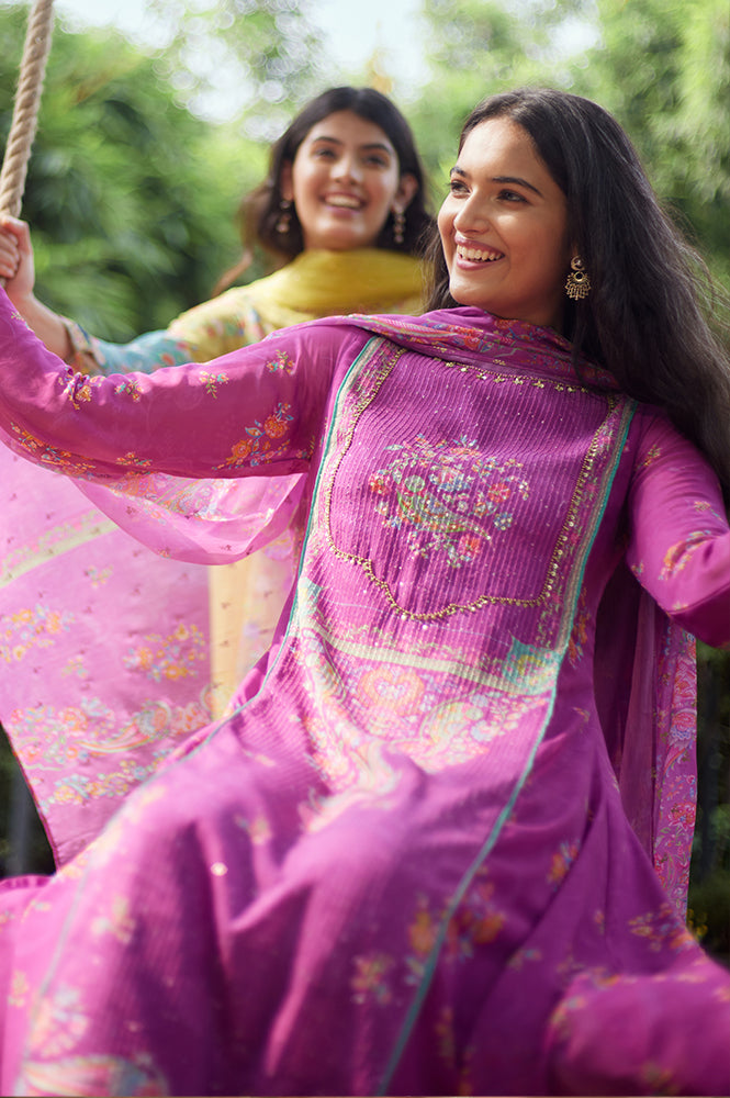 Dark Pink Sequined Anarkali kurta, Tights &amp; Dupatta Set