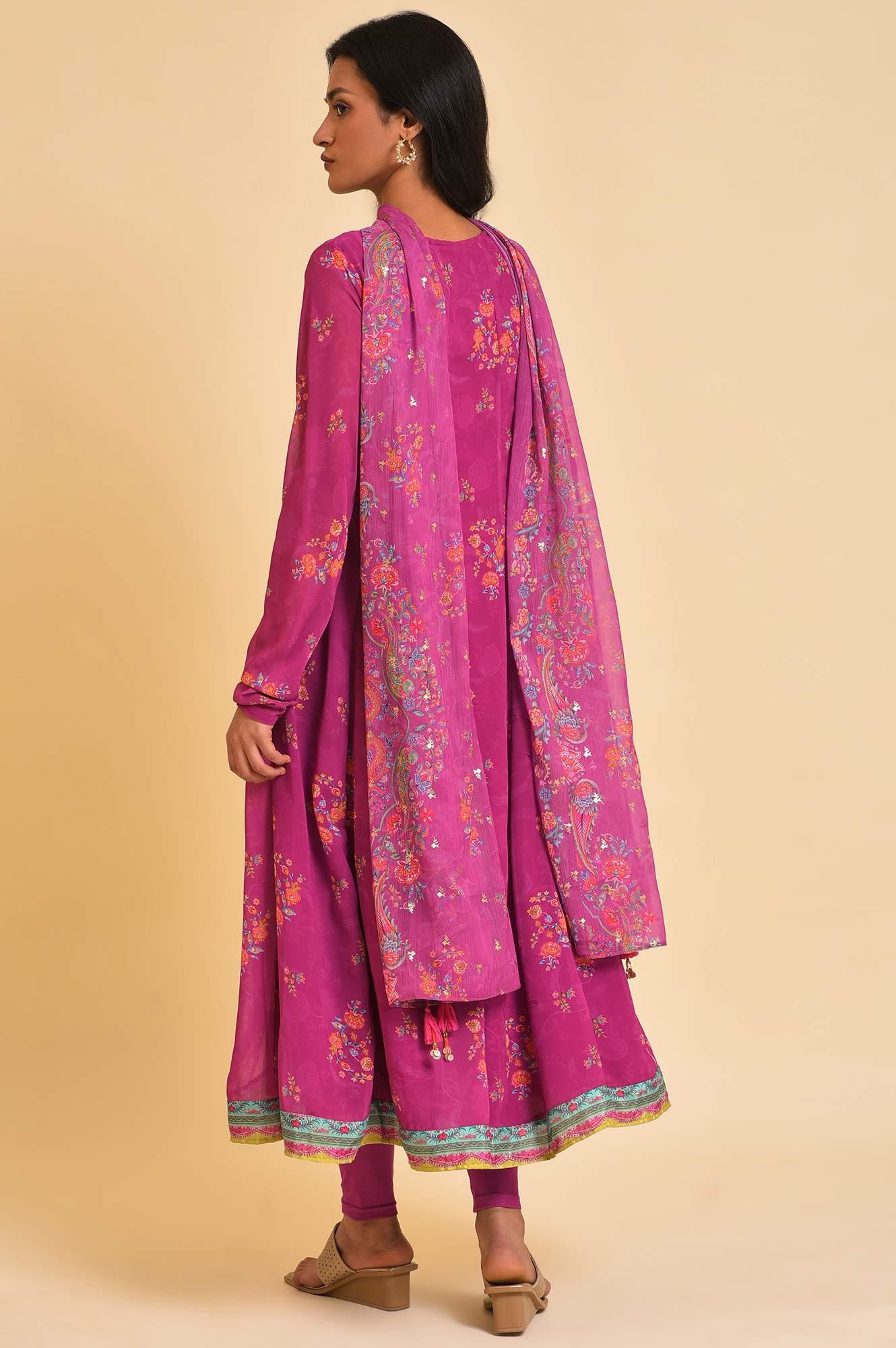 Dark Pink Sequined Anarkali kurta, Tights &amp; Dupatta Set - wforwoman