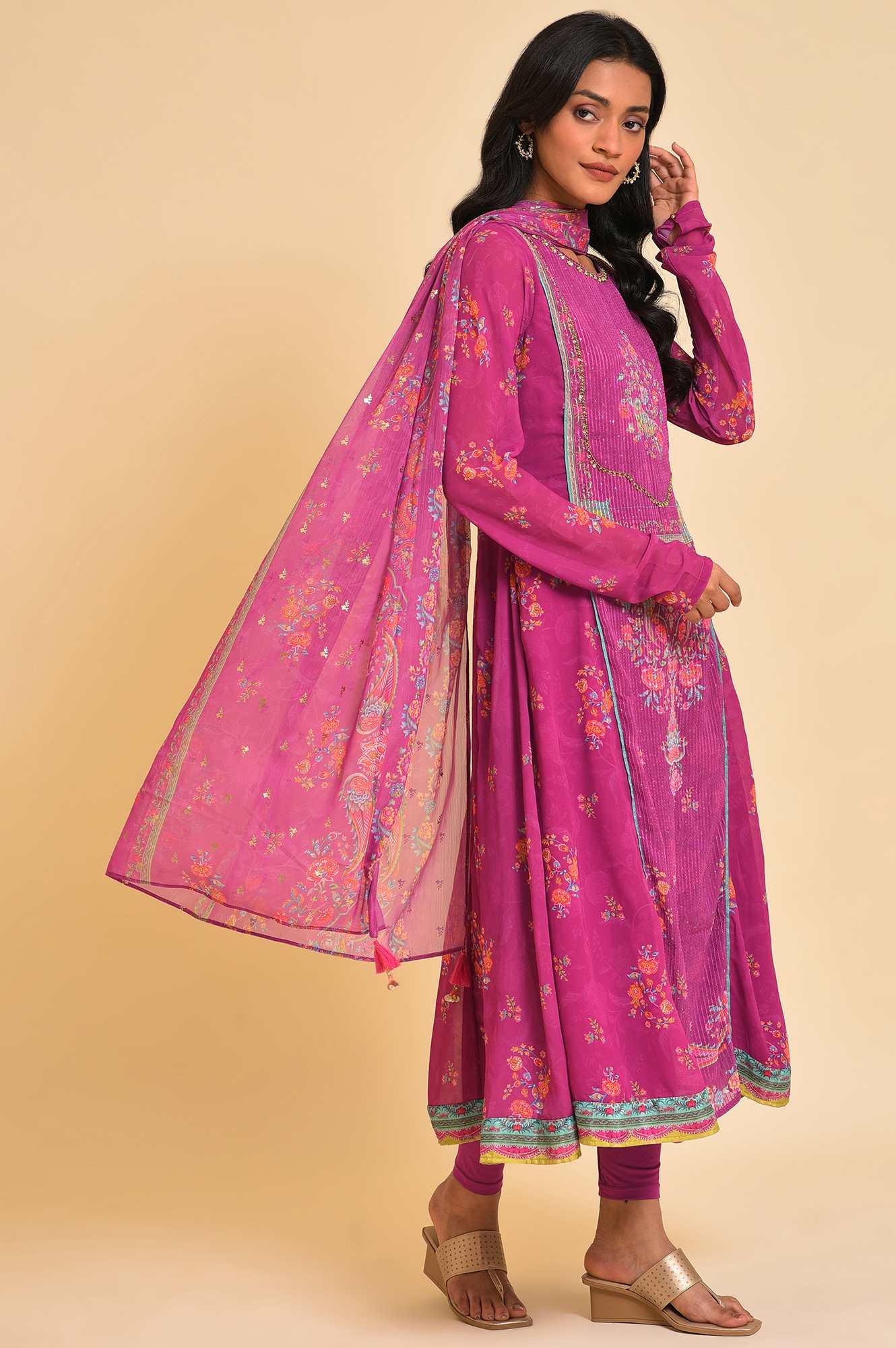 Dark Pink Sequined Anarkali kurta, Tights &amp; Dupatta Set - wforwoman