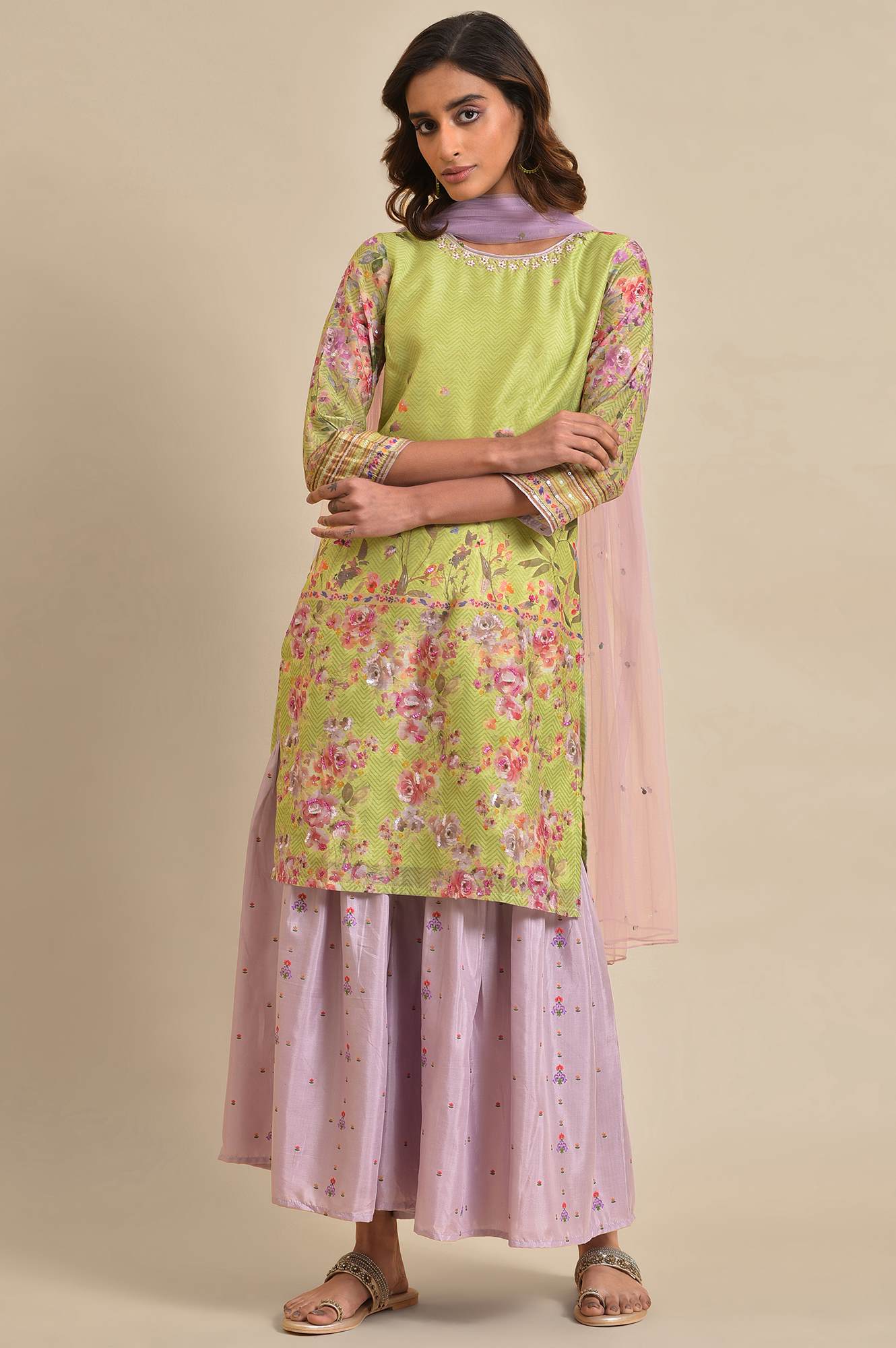 Green Chanderi Floral Printed kurta, Sharara &amp; Dupatta Set