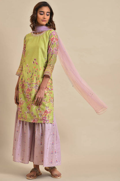 Green Chanderi Floral Printed kurta, Sharara &amp; Dupatta Set
