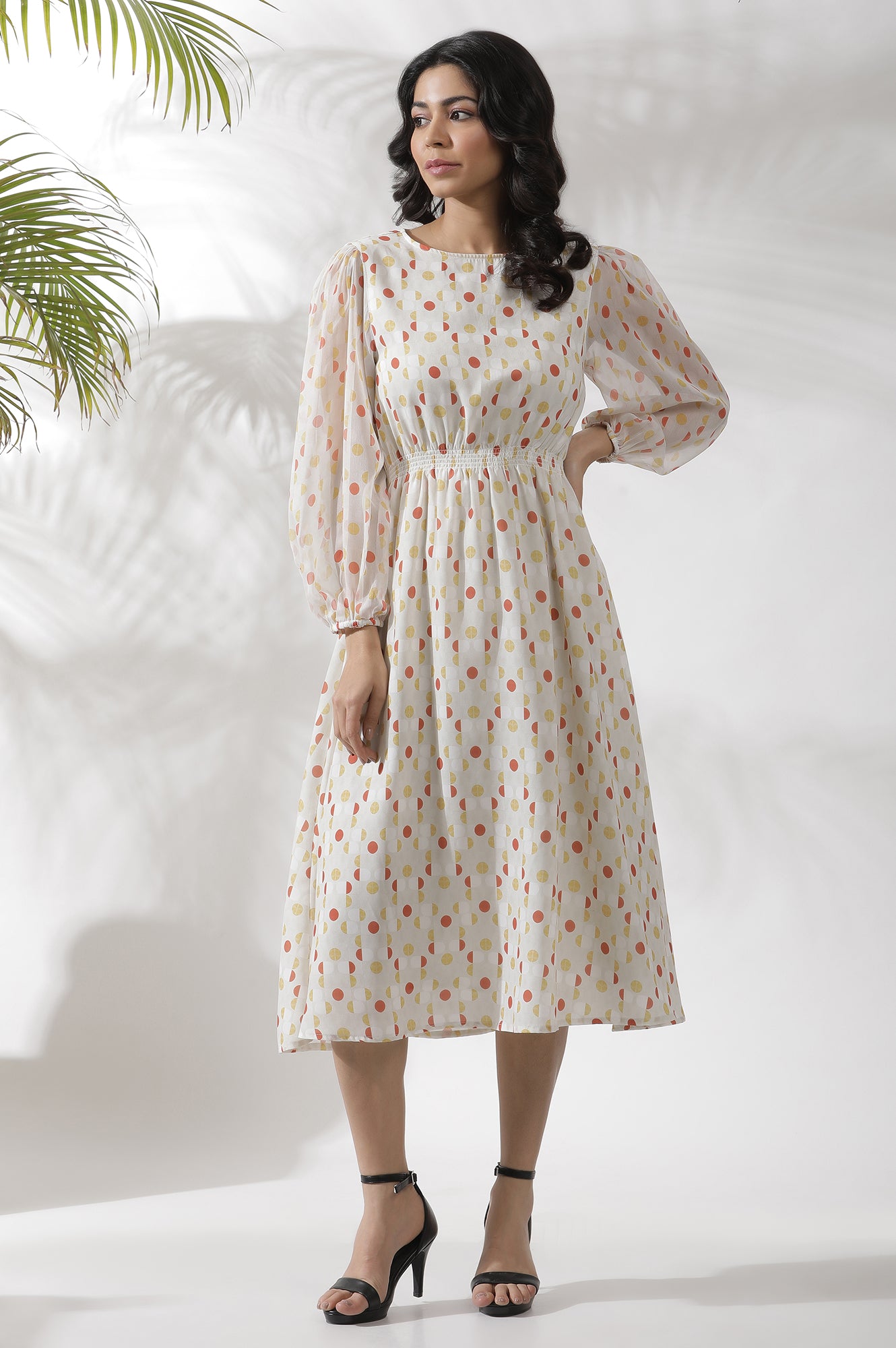 White Polka Dot Printed Gathered Western Dress