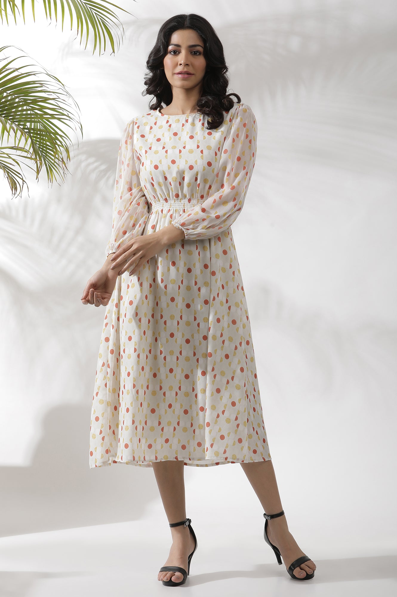 White Polka Dot Printed Gathered Western Dress