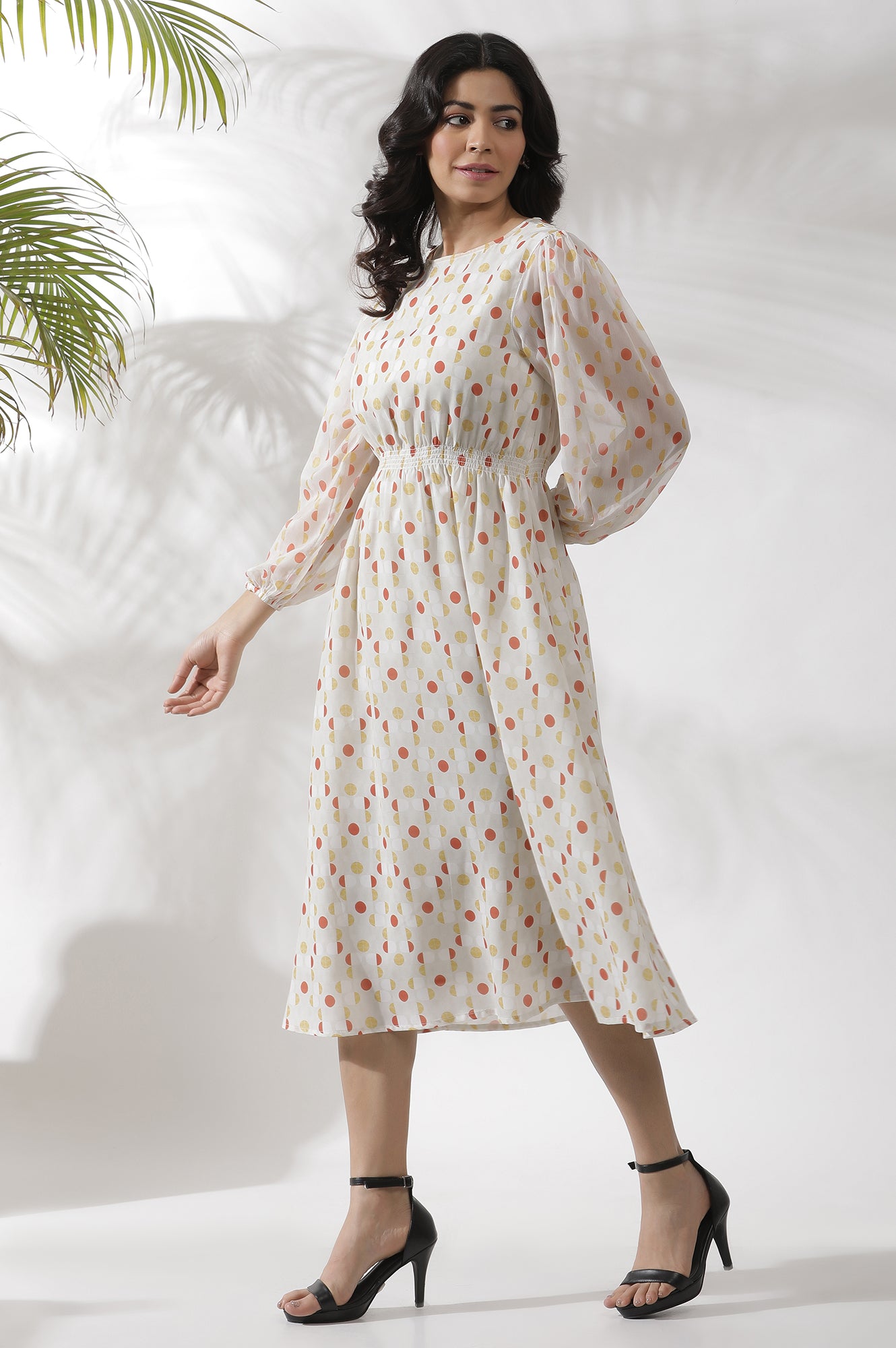 White Polka Dot Printed Gathered Western Dress