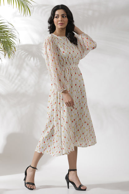 White Polka Dot Printed Gathered Western Dress