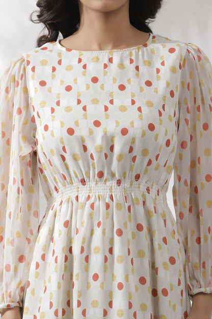 White Polka Dot Printed Gathered Western Dress